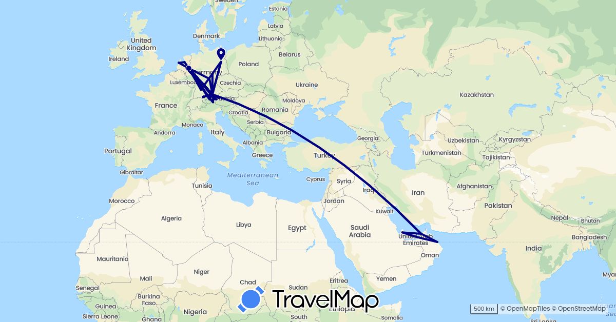 TravelMap itinerary: driving in United Arab Emirates, Austria, Germany, Netherlands, Oman, Qatar (Asia, Europe)